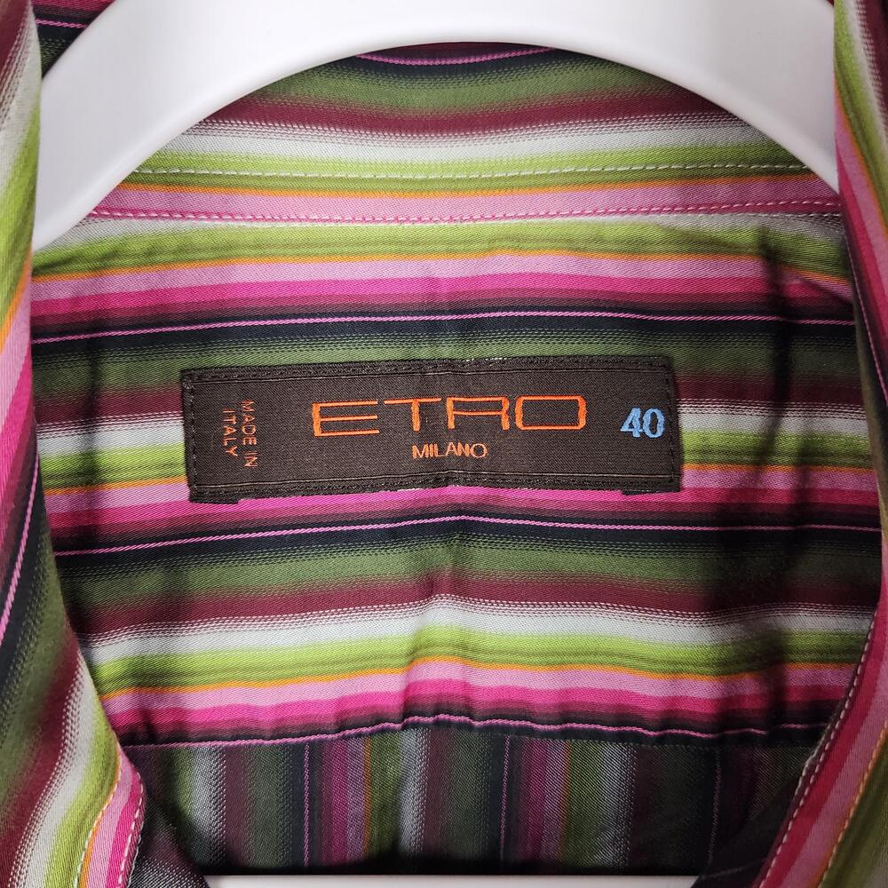 Etro Shirt Mens 40 Multicolor Stripe Button Front Made In Italy Dress Disco